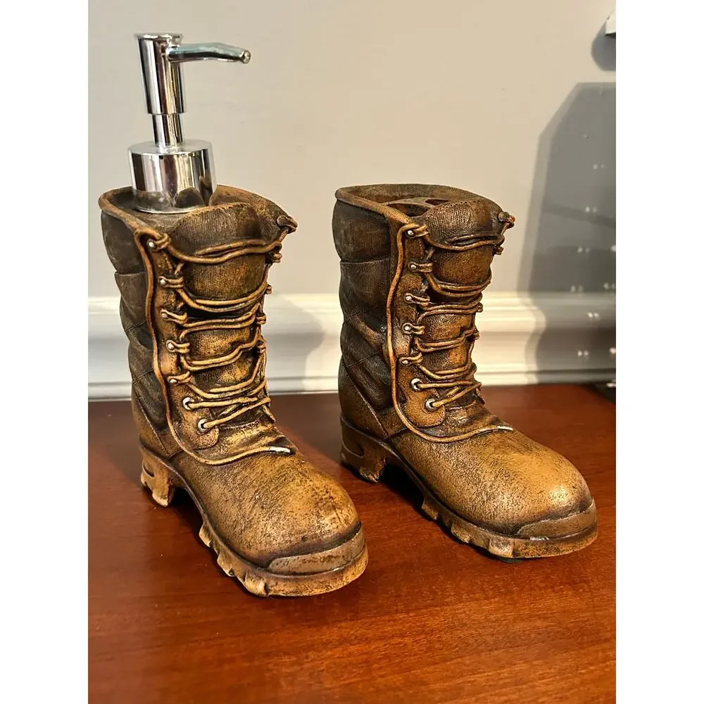 Vintage Western Cowboy Boot Soap Dispenser Toothbrush Holder Set Rustic